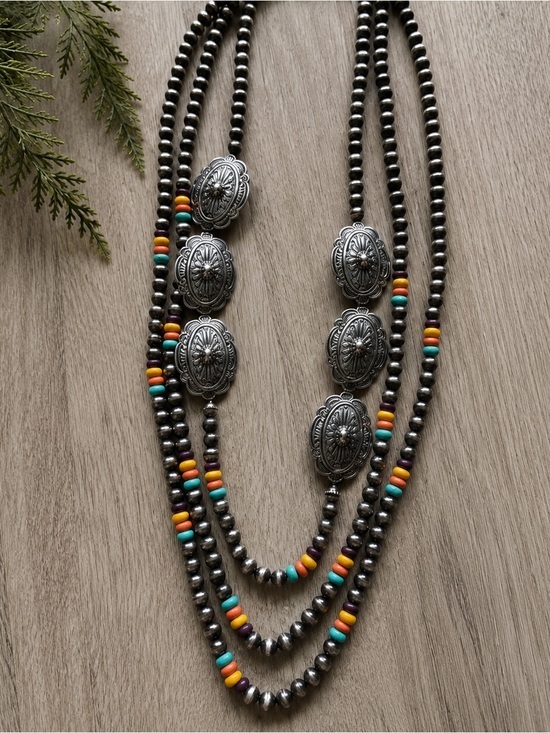 Jewelry - Southwestern Navajo Style Multi Strand Beaded Concho Necklace | Boho Western Sta